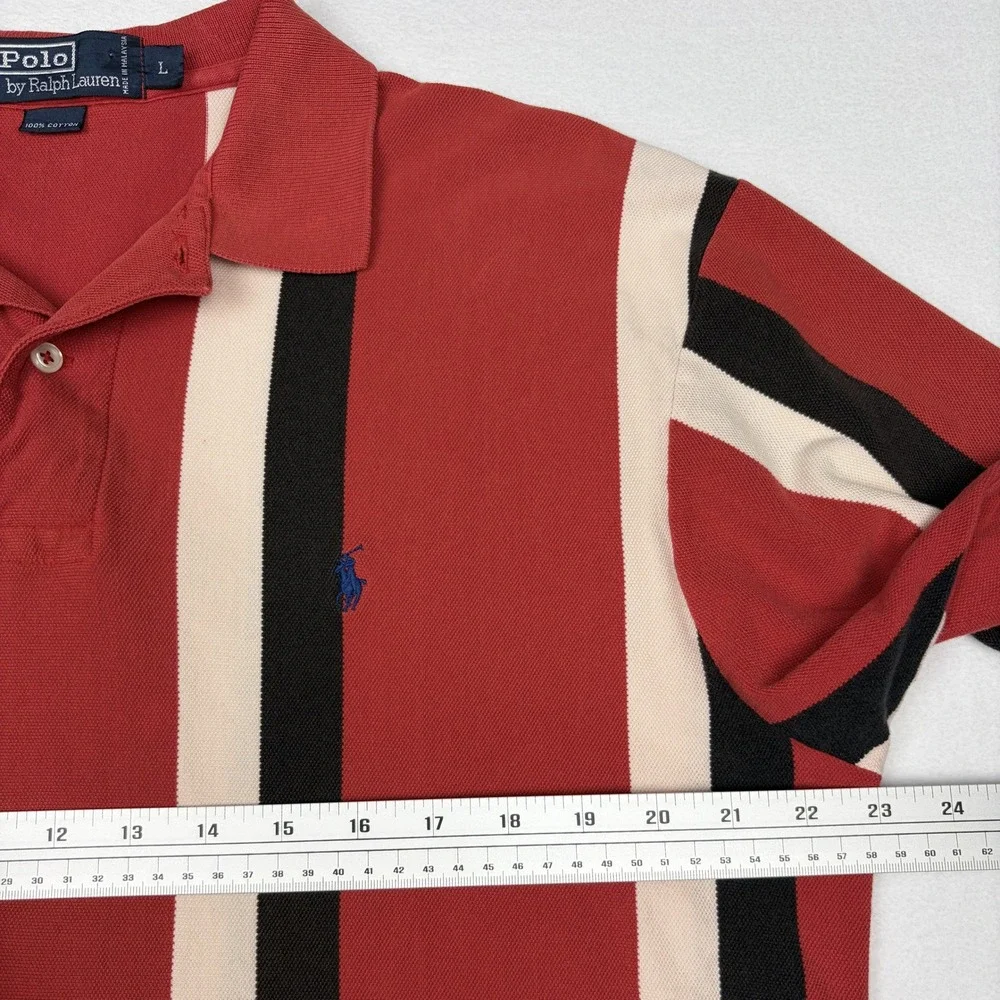 Vintage Polo Ralph Lauren Mens Size L Red Blk Vertical Stripe Pique Cotton Polo